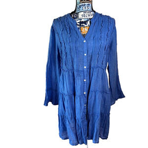 Free Size Midi Shirt Dress Blue, Long Sleeve, Boho Peasant